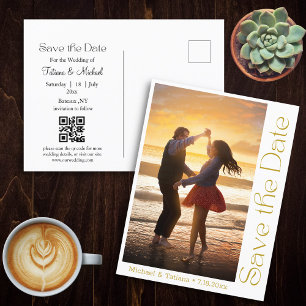 Modern Gold Photo & QR Code Save the Date Announcement Postcard