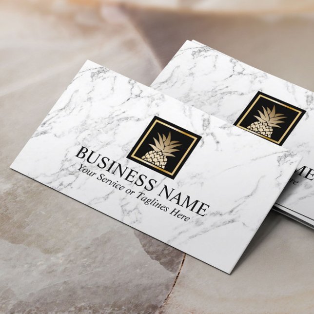 Modern Gold Pineapple Logo Trendy White Marble Business Card (Creator Uploaded)