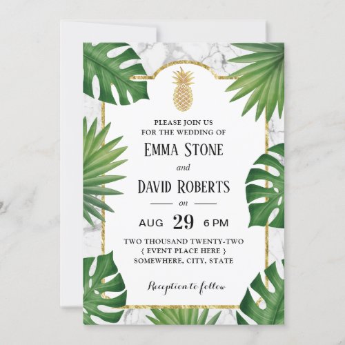 Modern Gold Pineapple Marble Tropical Wedding Invitation