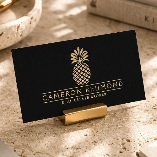 Modern Gold Pineapple Real Estate Broker Black Business Card