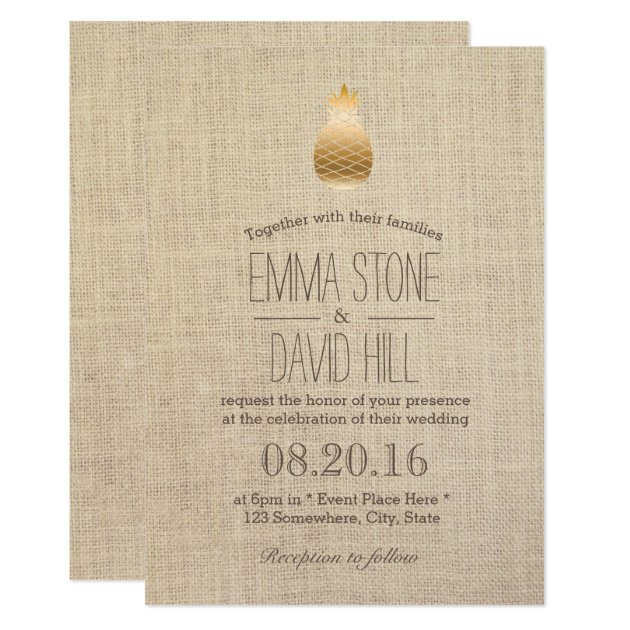 Modern Gold Pineapple Rustic Burlap Wedding Invitation