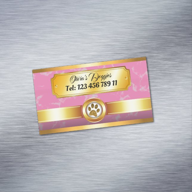 Modern Gold Pink Dog Walker Pet Sitter Animal Care Business Card Magnet (In Situ)