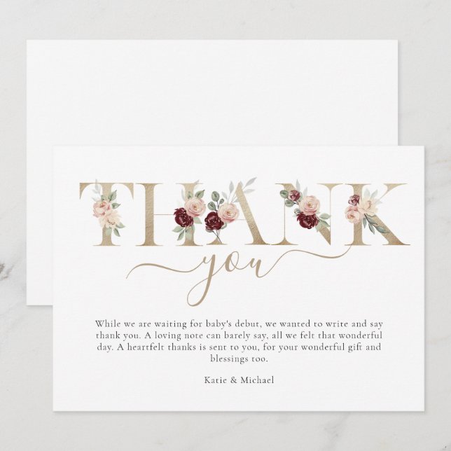 Modern Gold Pink Floral Baby Shower  Thank You Car (Front/Back)