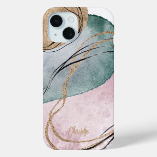 Modern gold pink green faux glitter marble iPhone 15 case