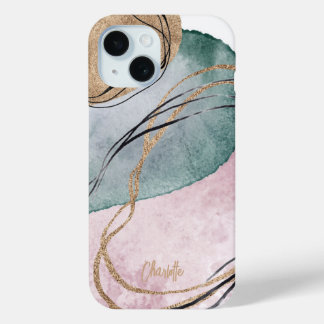Modern gold pink green faux glitter marble iPhone 15 case