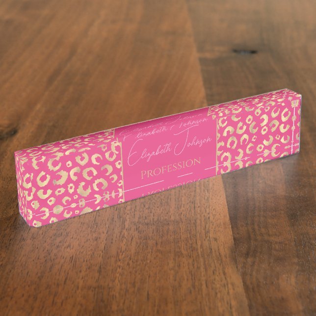 Modern Gold Pink Leopard Print Pattern Desk Name Plate (Side)