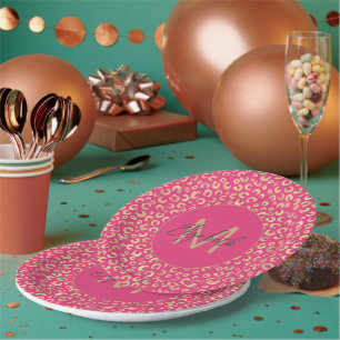 Modern Gold Pink Leopard Print Pattern Paper Plates