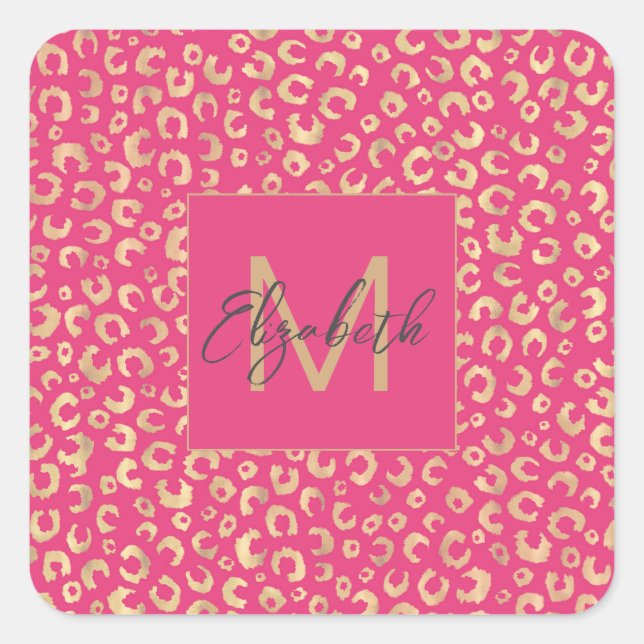 Modern Gold Pink Leopard Print Pattern Square Sticker (Front)