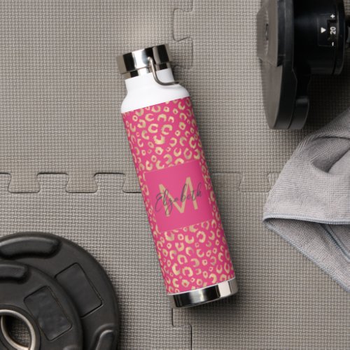 Modern Gold Pink Leopard Print Pattern Water Bottle