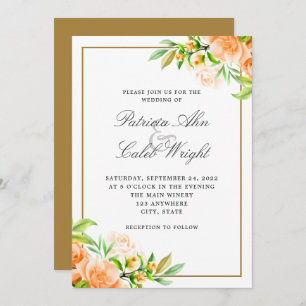 Modern Gold Pink Orange White Floral Wedding Invitation