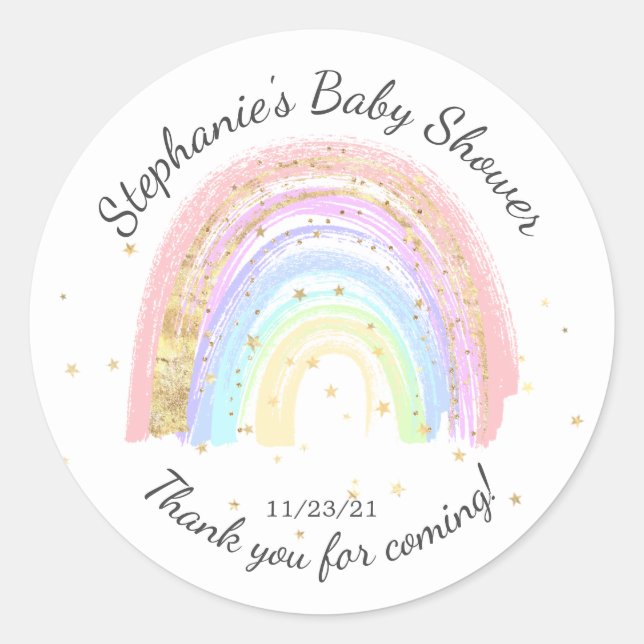 Modern Gold Pink Rainbow Baby Shower Favor Sticker (Front)
