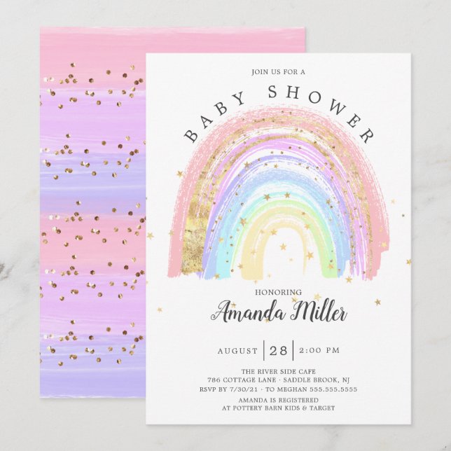 Modern Gold Pink Rainbow Baby Shower  Invitation (Front/Back)