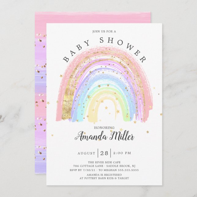 Modern Gold Pink Rainbow Baby Shower  Invitation (Front/Back)