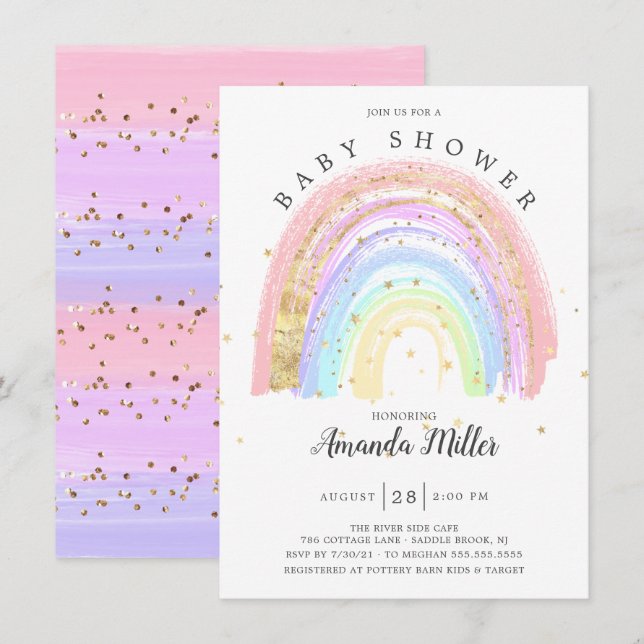 Modern Gold Pink Rainbow Baby Shower Invitation (Front/Back)