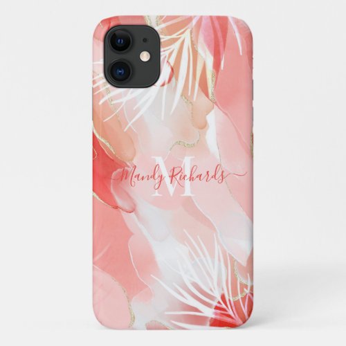 Modern Gold Pink Red Watercolor Ink Monogram Name iPhone 11 Case