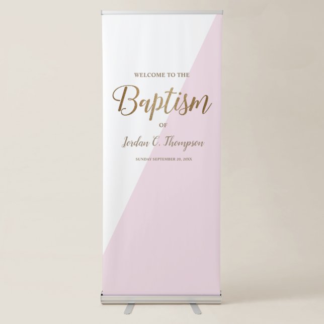 Modern Gold Pink Simple Welcome to Baby's Baptism Retractable Banner (Front)