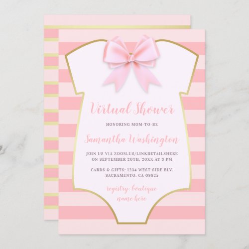 Modern Gold  Pink Stripes Bow Virtual Shower Invitation