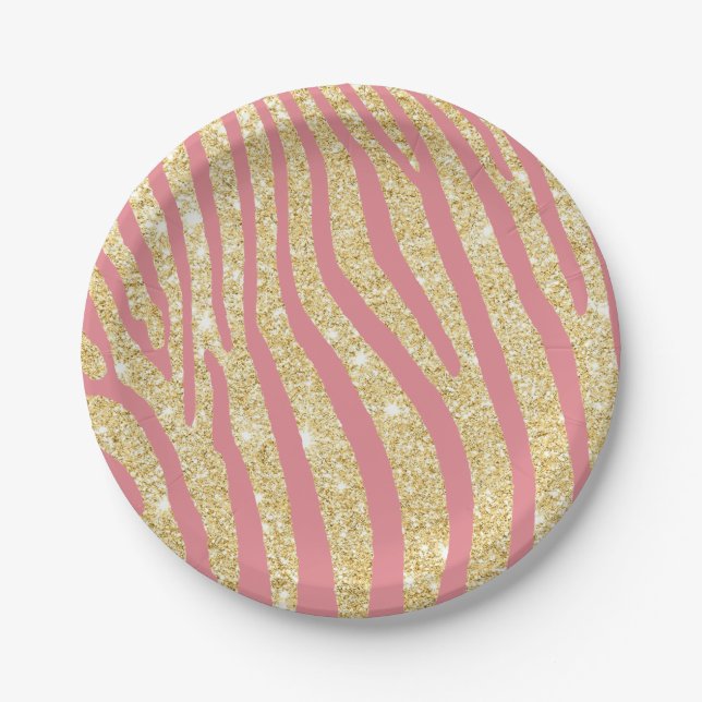 Modern Gold & Pink Zebra Stripes Girly Paper Plates (Front)