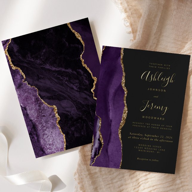 Modern Gold Purple Agate Dark Wedding Foil Invitation (Creator Uploaded)
