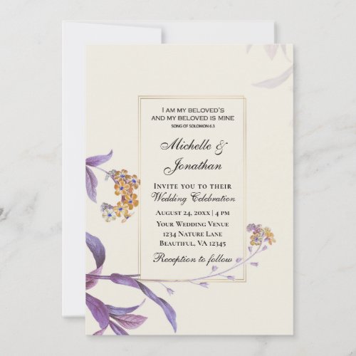 Modern Gold Purple Flowers Christian Wedding Invitation