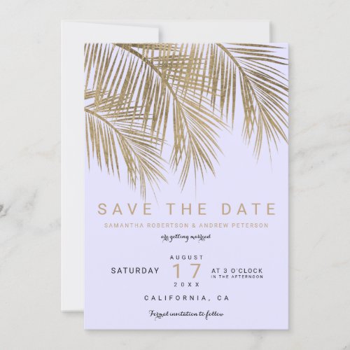 Modern gold purple palm tree elegant save the date