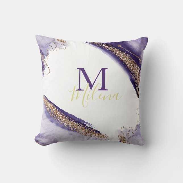 Modern Gold Purple Sparkling Monogram Watercolor Throw Pillow (Front)