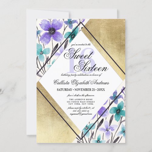 Modern Gold Purple Teal Flower Watercolor Sweet 16 Invitation
