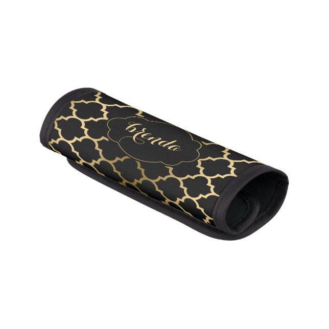 Modern Gold Quatrefoil on Black Monogram Luggage Handle Wrap (Angled)
