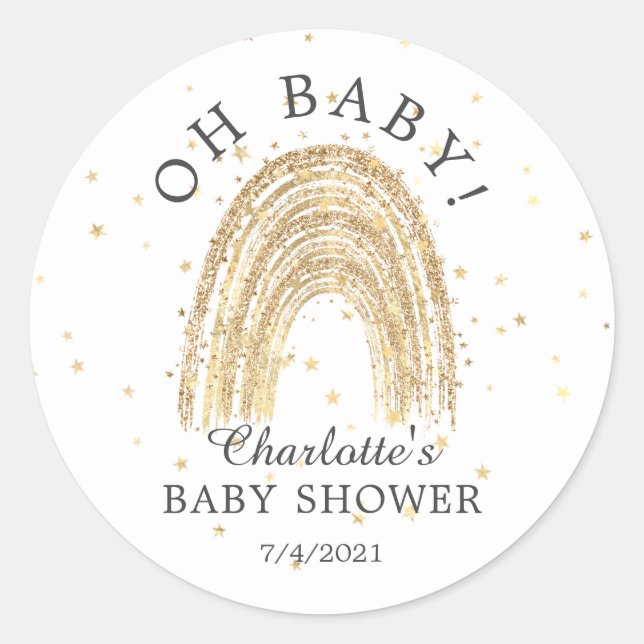 Modern Gold Rainbow Oh Baby Favor Sticker (Front)