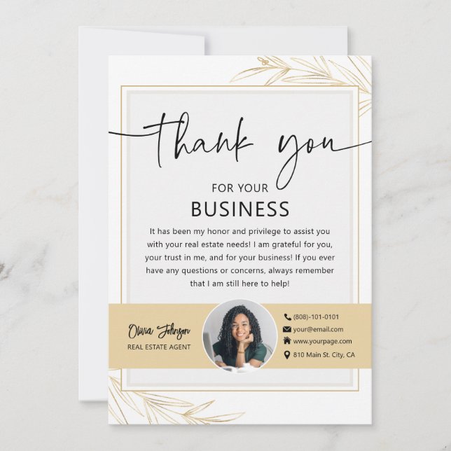 Modern Gold Real Estate Agent Photo Thank you Card (Front)