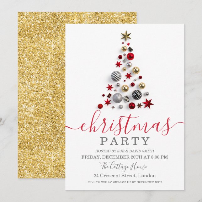 Modern Gold Red Bauble Tree Holiday Christmas Invitation (Front/Back)