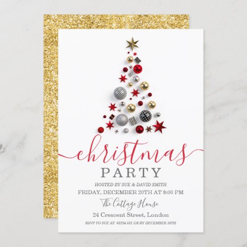 Modern Gold Red Bauble Tree Holiday Christmas Invitation