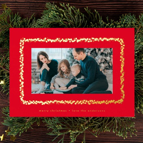 modern gold red bubbles photo christmas frame foil holiday card
