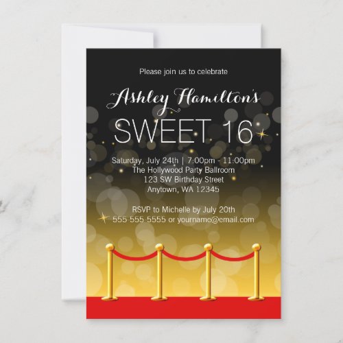 Modern Gold Red Carpet Hollywood Sweet 16 4.5x6.25 Paper Invitation Card