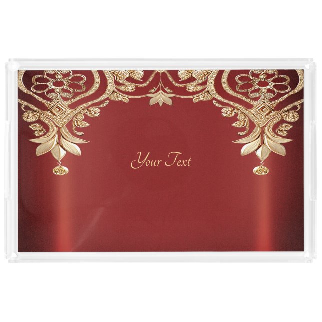 Modern Gold Red Floral Acrylic Vanity Tray (Front)