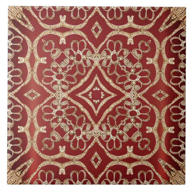 Modern Gold Red Floral Ceramic Tile (Front)
