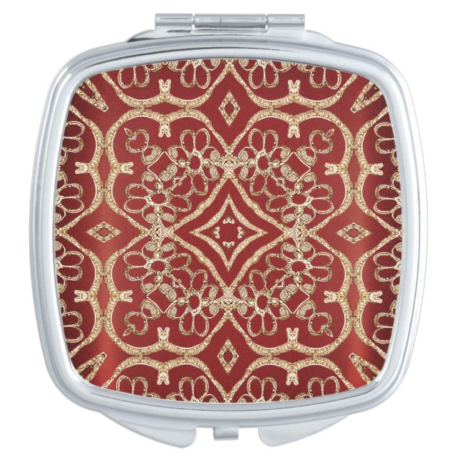 Modern Gold Red Floral Compact Mirror (Front)