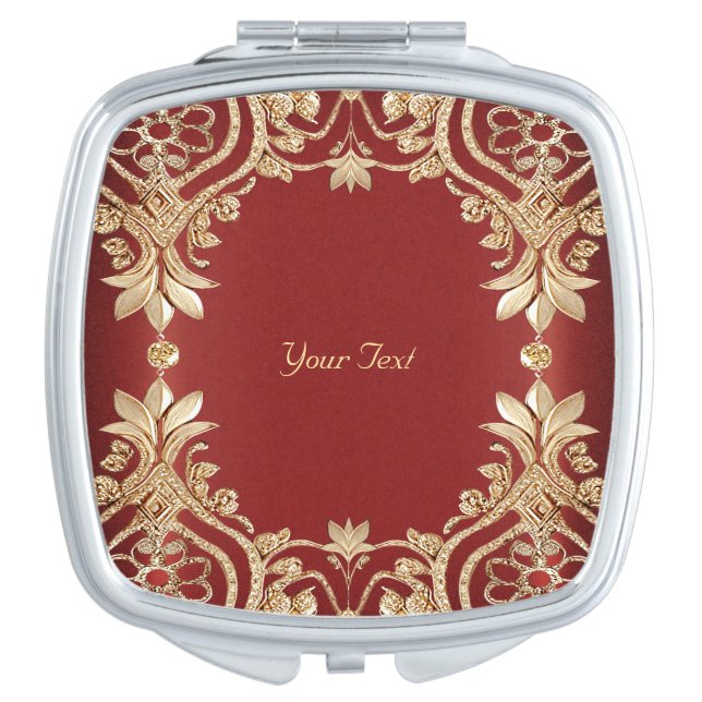 Modern Gold Red Floral Compact Mirror (Front)