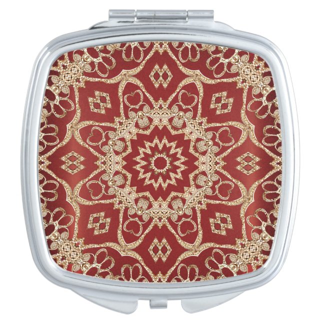 Modern Gold Red Floral Compact Mirror (Front)