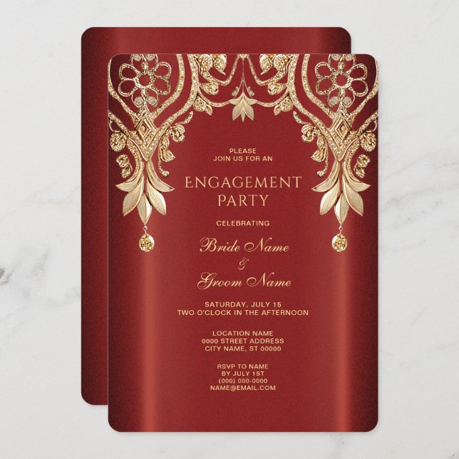 Modern Gold Red Floral Engagement Invitation (Front/Back)