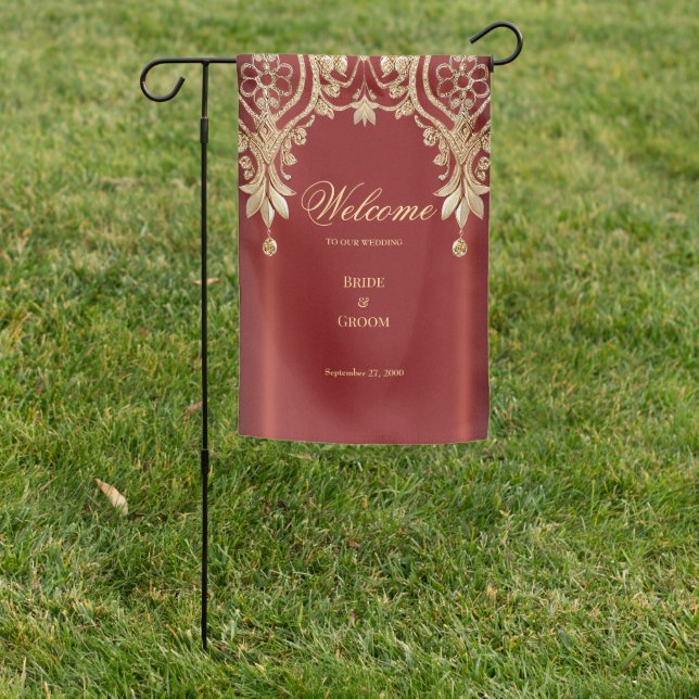 Modern Gold Red Floral Garden Flag (In SItu)