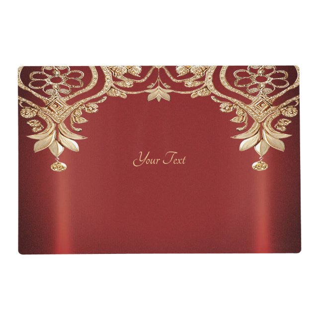 Modern Gold Red Floral Paper Placemat (Front)