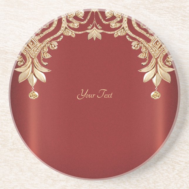 Modern Gold Red Floral Sandstone Coaster (Front)