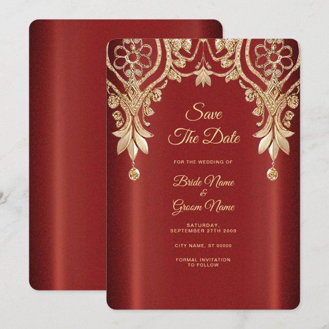 Modern Gold Red Floral Save The Date (Front/Back)