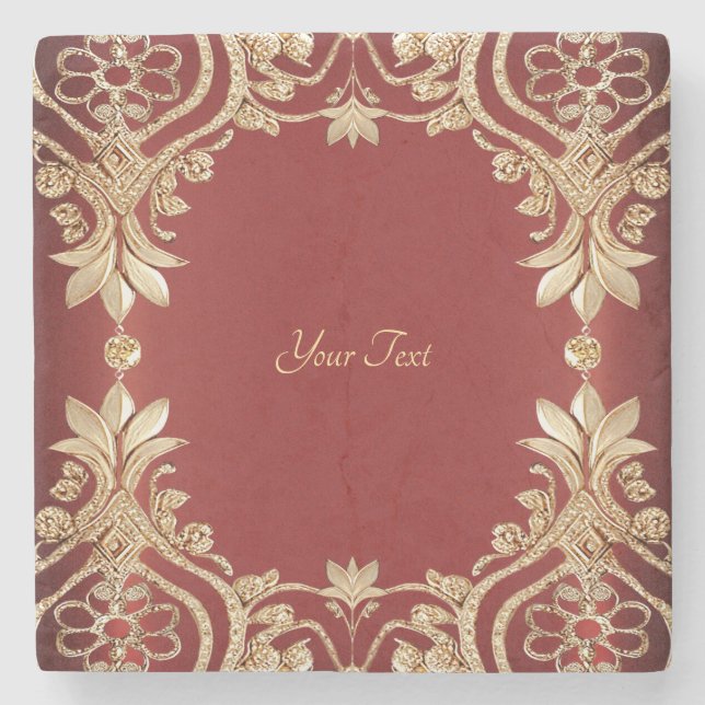 Modern Gold Red Floral Stone Coaster (Front)