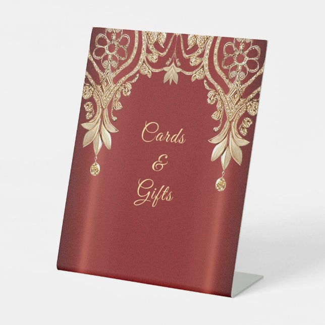 Modern Gold Red Floral Tabletop Signs (Front)