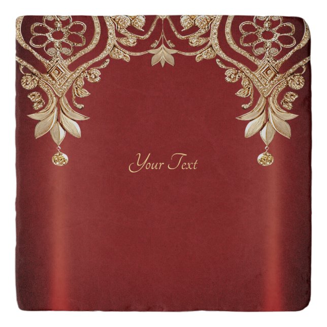 Modern Gold Red Floral Trivet (Front)