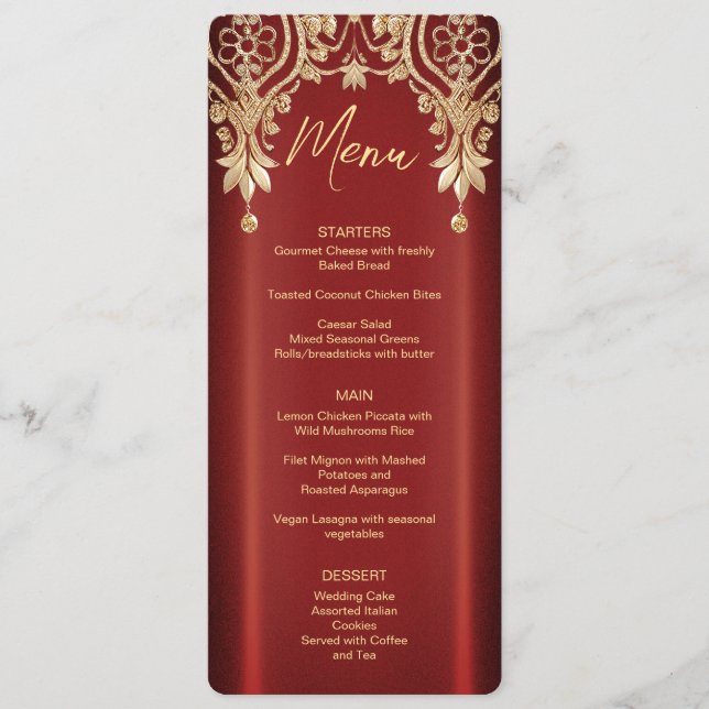 Modern Gold Red Floral Wedding Menu (Front)
