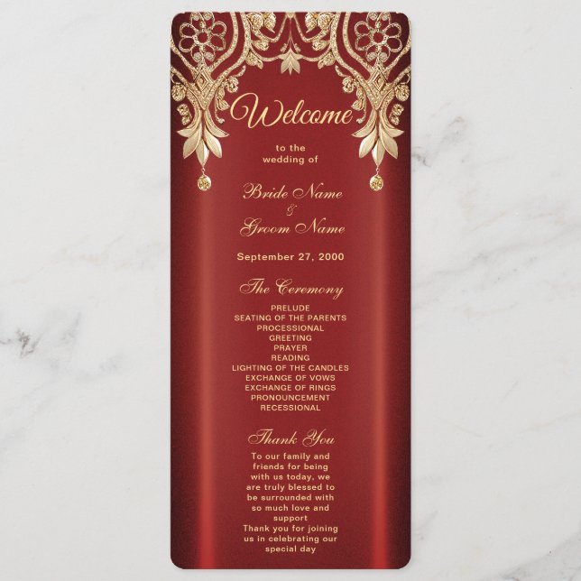 Modern Gold Red Floral Wedding Program (Front)