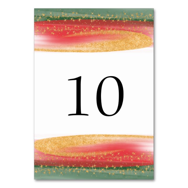 Modern Gold Red Green Christmas Table Number Card (Back)